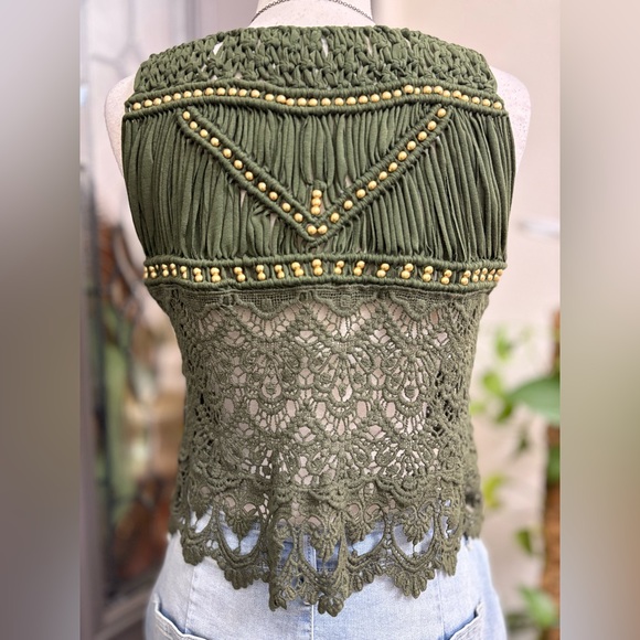 U-style Olive Green Macrame Crochet Gold Tone Beaded Festival Ready Cropped Vest - Picture 5 of 8